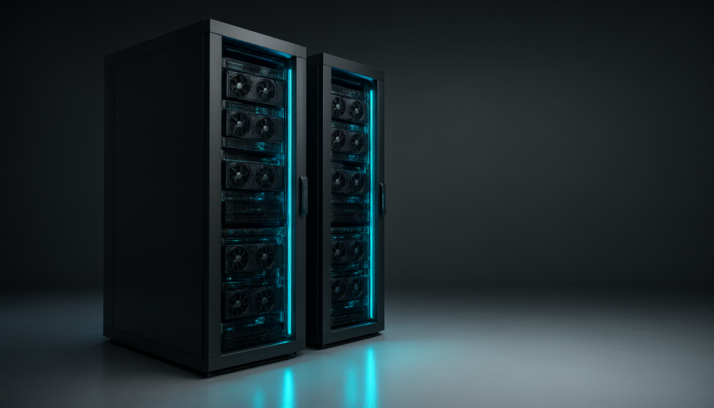 Servidores con GPUs e iluminación cian en sala técnica oscura
