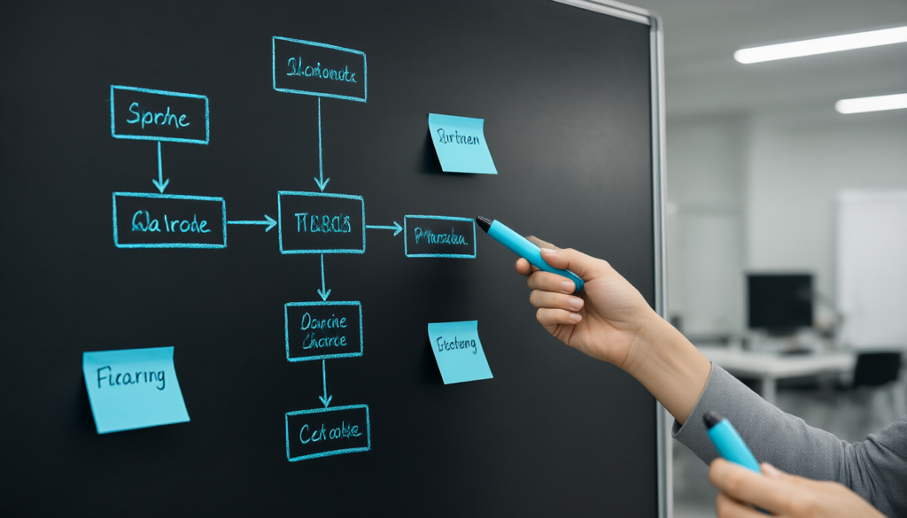 Pizarra con diagramas de flujo de procesos