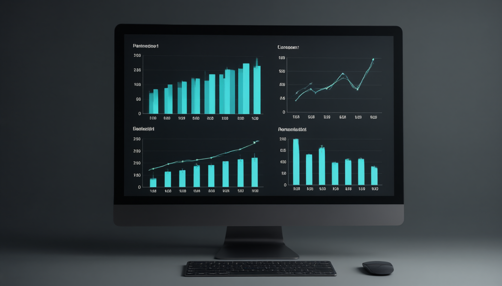 Pantalla con gráficos de métricas en color cian